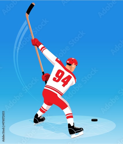 Hockey player slap shot on goal, back view. Hockey player in the game hits the puck. Vector cartoon illustration.