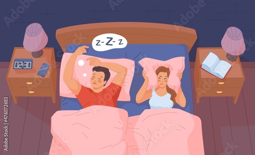 Insomnia couple. Snore apnea sleep trouble in bed, indifference tired husband, angry wife, home bedroom man woman person problem relationship