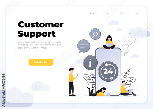 24 7 service concept or call center, big smartphone and small people with laptops in flat vector illustration. nonstop customer support. Mobile self-service layout template for web banner.