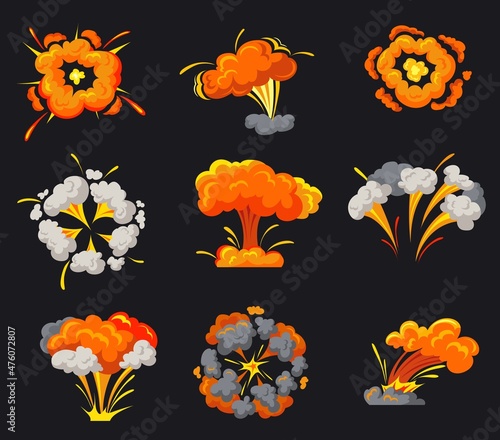 Explosion bomb smoke. Cartoon explosive effect blast animation, comic boom fire flame, explode dynamite, power atomic cloud, burst danger detonator, bang attack neat vector