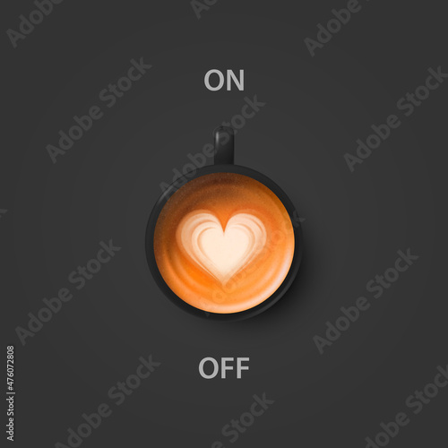 Vector 3d Realistic Off, On Switch with Milk Foam Coffee in Black Ceramic, Porcelain Coffee Mug, Foam Pattern. Capuccino, Latte. Concept Creative Banner with Coffee Cup. Design Template. Top View