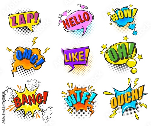 Snap speech bubbles. Comic suond effect sticker book superhero bubble, blast cloud with text boom omg pow wow crash zzz oops bang wtf yeah smash yes, cartoon neat vector illustration
