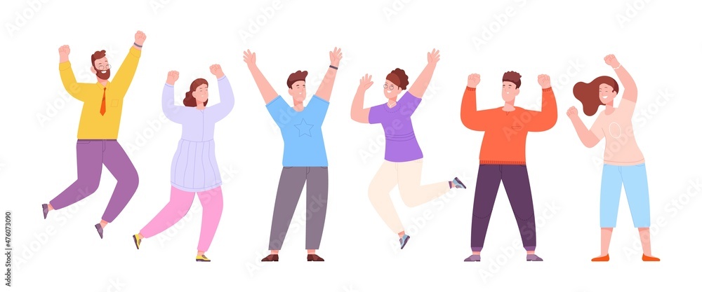 Fototapeta premium Friends celebrating win. Happy people celebrate success in achievement business goals, lucky team winners jumping excited, community victory persons flat splendid vector illustration