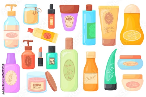 Cartoon cosmetic jars. Hair skin care pruducts, skincare organic cosmetics bottle, eco cleanser, lotion facial gel, soap for face, oil scrub cream antiaging neat vector illustration
