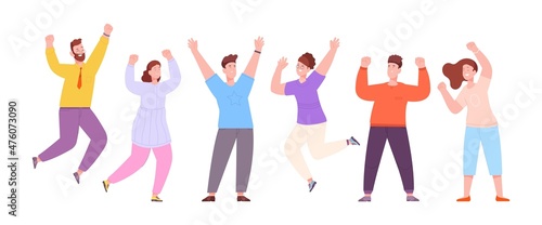 Friends celebrating win. Happy people celebrate success in achievement business goals, lucky team winners jumping excited, community victory persons flat splendid vector illustration