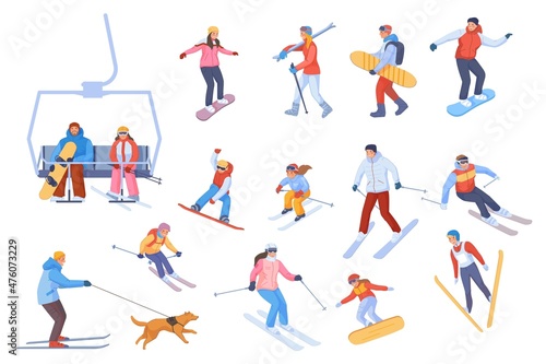 People riding skis and snowboards. Cartoon skiers family snowboarders, winter sport mountain resort downhill freeride on chairlift snow slope, travel activity swanky vector