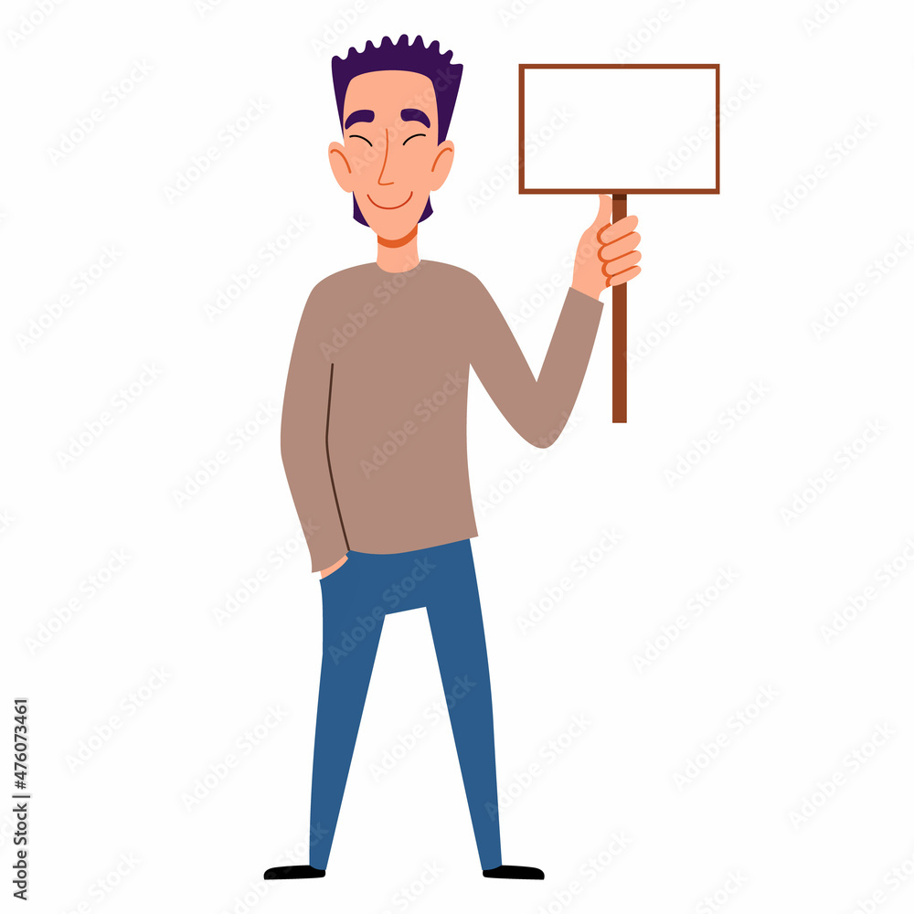 an Asian man with a sign for the text in his hand. Vector illustration in a flat cartoon style.