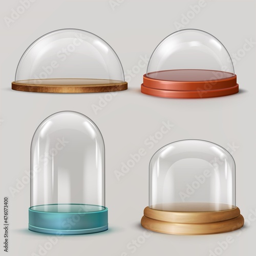 Realistic glass dome. 3d sphere hemisphere globe in wooden plastic tray, glossy ball bell jars, transparent protection cylinder window, exhibition display case tidy vector photo