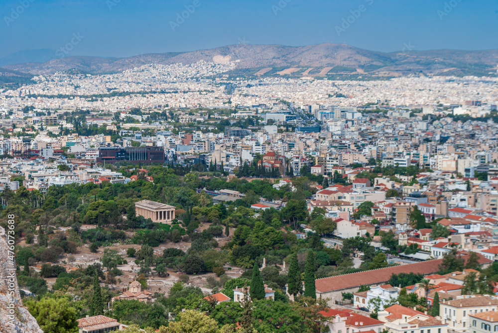 Looking down on the panarama of Athens and the Temple of Hephaestus