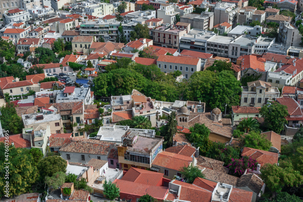 Top view of the red tiled roofs of old houses in Athens