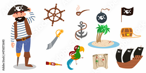 A set of pirate items. a pirate character in a suit, a hat, without a leg and with a beard. vector illustration of a pirate sailor isolated on a white background
