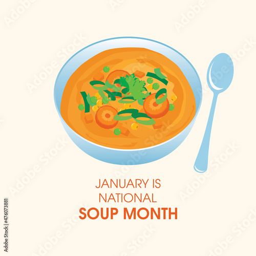 January is National Soup Month vector. Bowl of vegetable soup with carrots icon vector. Healthy vegetable broth icon