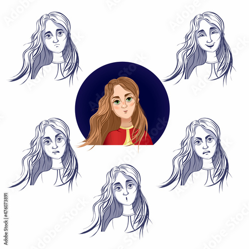 Face expressions of woman with dark hair. Different female emotions set. Attractive cartoon character. Vector illustration isolated on white background.