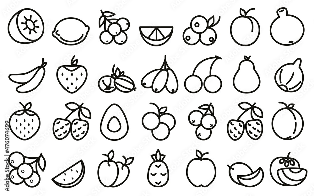 A set of linear icons of fruits and berries. Fruits of trees and bushes. Apple, pear, avocado, grapes, figs, pineapple, banana and other species. Vector. Contour graphics. 
