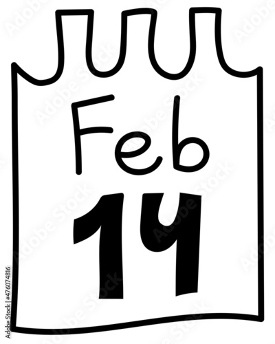 Hand drawn cartoon illustration of outline calendar with 14 February date. Cute doodle simple valentines day line art. Flat vector love, romantic sticker, icon, print. Isolated on white background.