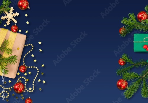 Merry Christmas and Happy Holidays greeting card, frame, banner. Christmas gifts red ribbons, ornaments on the desk.