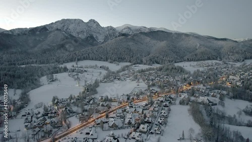 Panoramic View at Zakopane and Giewont Mount in Cold Winter Morning. Drone Aerial View at City in Snow
