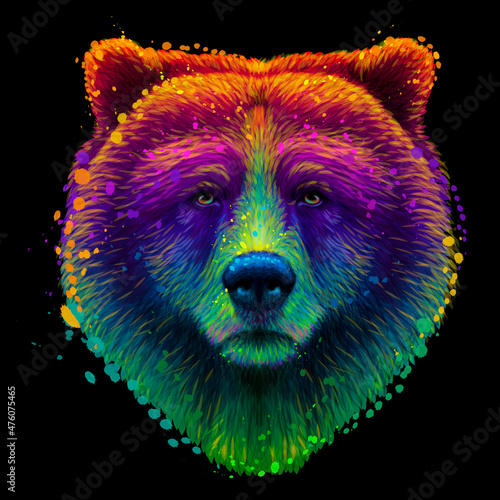 Bear. Abstract, neon portrait of a bear's head in pop art style with splashes of watercolor on a black background. Digital vector graphics.