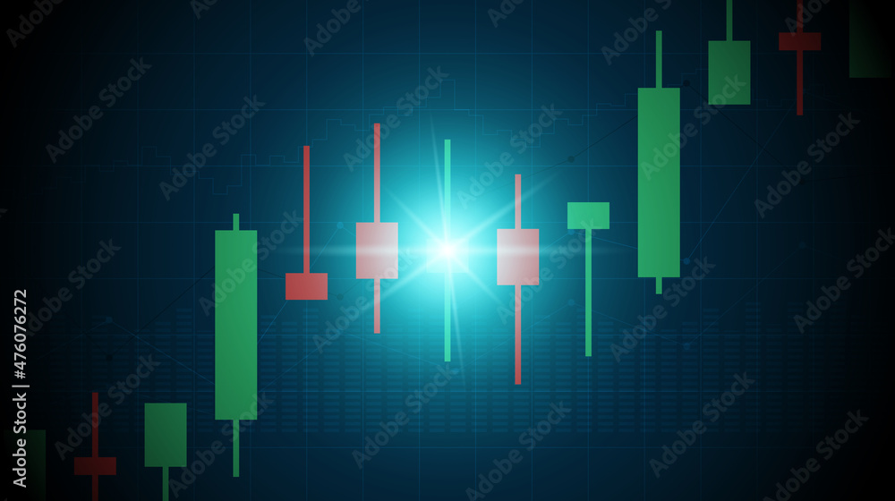 Closeup financial chart with uptrend line candlestick graph in stock market on glowing blue color background