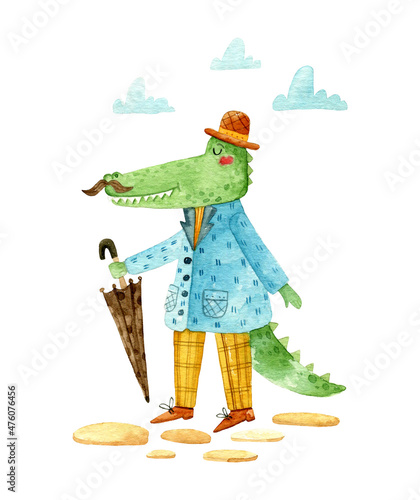 Cute watercolor crocodile walk with umbrella. Isolated charecter.