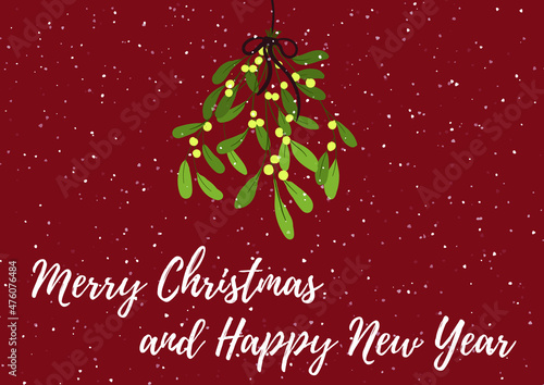 Christmas card with mistletoe and congratulations. Christmas mistletoe hanging, vector illustration.Christmas background