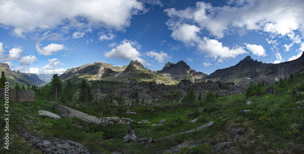 Russia. Krasnoyarsk Territory, Eastern Sayans. The view from the Taigish Pass to the Valley of Dreams is the main attraction of the Ergaki Natural Mountain Park.