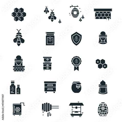  Beekeeping and apiary-related black icons stock illustration. The icons include Honeycombs, bee colony, beehive, beehive frame, honey bee, beeswax, bee protection, apiarist, beekeeper, apiculture, 