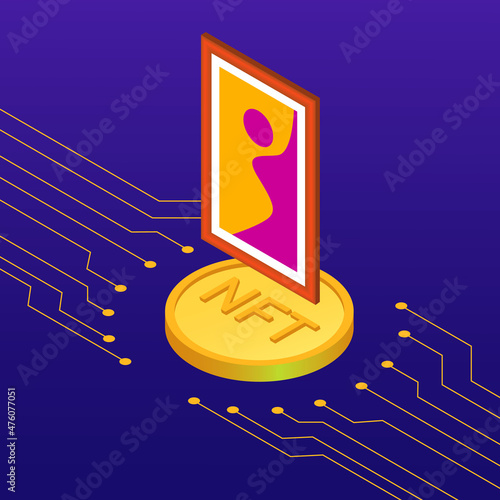 NFT non fungible token. Crypto art investing concept. Crypto art. Gold coin NFT and paintings. nft art. Vector isometric illustration.