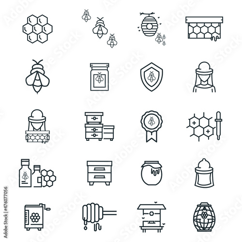 Beekeeping and apiary-related thin line icons stock illustration. The icons include Honeycombs, bee colony, beehive, beehive frame, honey bee, beeswax, bee protection, apiarist, beekeeper, apiculture