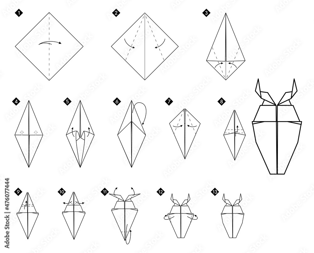 Step by step instructions how to make origami stag beetle. Simple ...