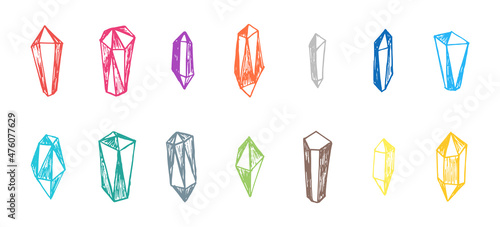 Crystal minerals linear colored hand drawn icon set. Colorful line sketch art gemstone collection. Vector isolated doodle drawing contour eps illustration for alternative medicine and treatment