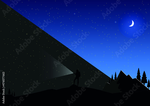 Moon stars and seeker of adventures with flashlight. night, trees and mountain.Eps 10. vector illustration good for wallpaper and background,design in dark colours with blue and white