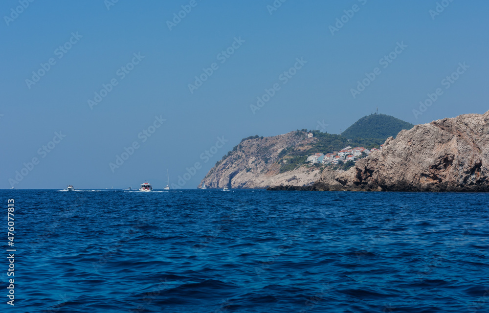 Adriatic coast in Croatia near Dubrovnik, Beach view from the sea