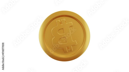 Bitcoin golden coin on white background with alpha mask. Golden BTC coin rotating 360 degrees. Cryptocurrency token.
