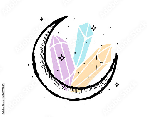 Crystal and stars with spirituality moon. Hand drawn astrology crescent symbol. Colored gemstone mystical mineral. Crystals alternative medicine and treatment drawing sketch. Vector eps illustration