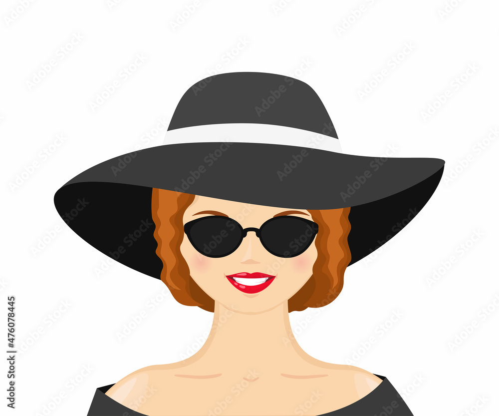 Young woman in elegant hat and sunglasses. Cartoon flat style. Vector illustration Young woman in elegant hat and sunglasses. Cartoon flat style. Vector illustration