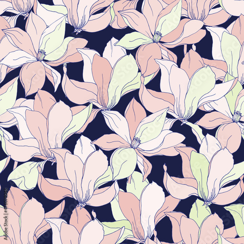 Large pink magnolia flowers on a blue background, seamless floral pattern for fabric and paper