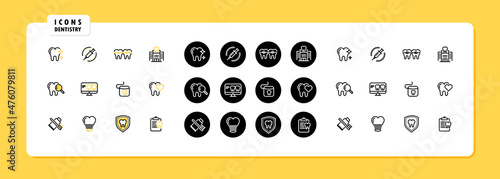 Dentistry icon set vector. Dental clinic service, stomatology, oral health care and hygiene. Vector line icon set for Business and Advertising