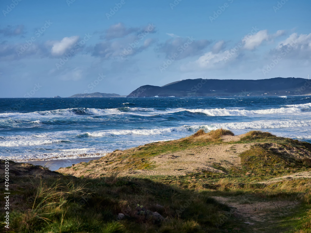 Rostro beach in Finisterre, Galicia, Spain. This wild beach and one of the surfer's paradises in the region of Costa da Morte