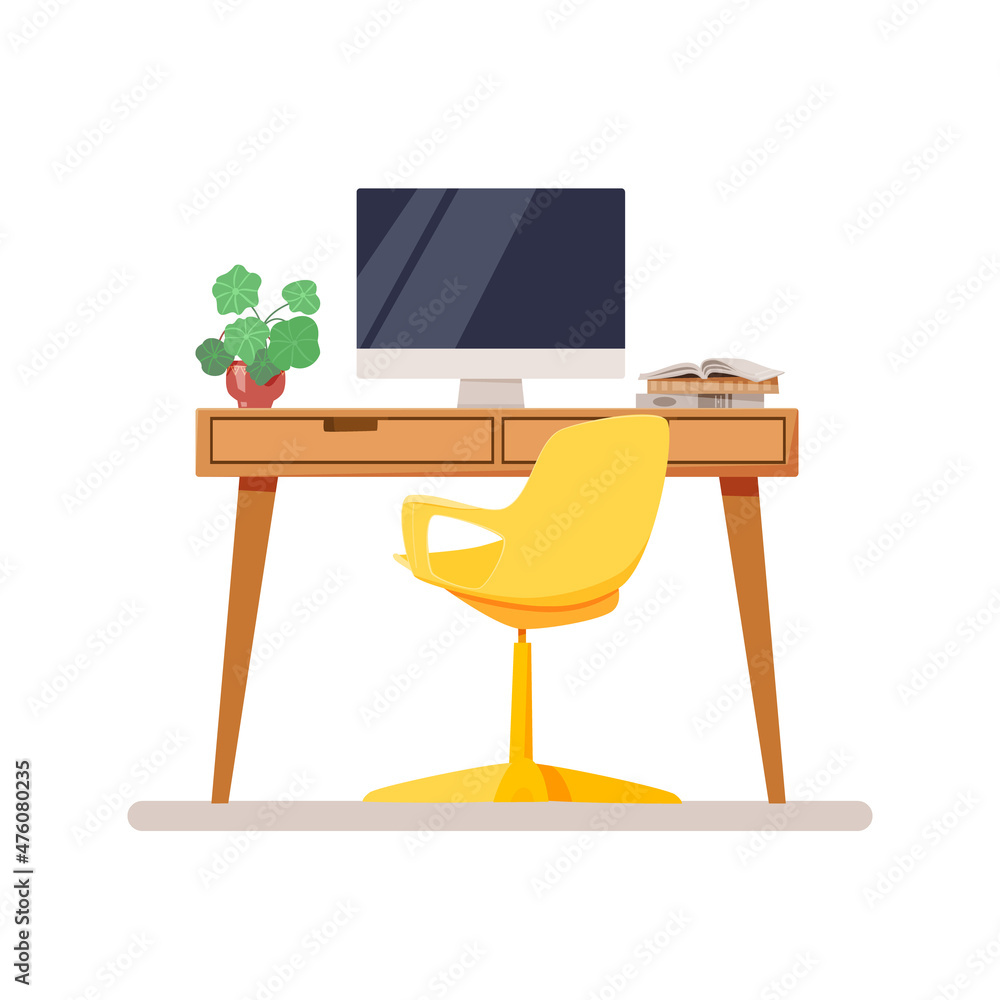 Workplace. A place to work, study, read books. Table, swivel chair, computer, books, houseplant. Vector illustration in a flat style. Workplace. A place to work, study, read books. Table, swivel chair, computer, books, houseplant. Vector illustration in a flat style.