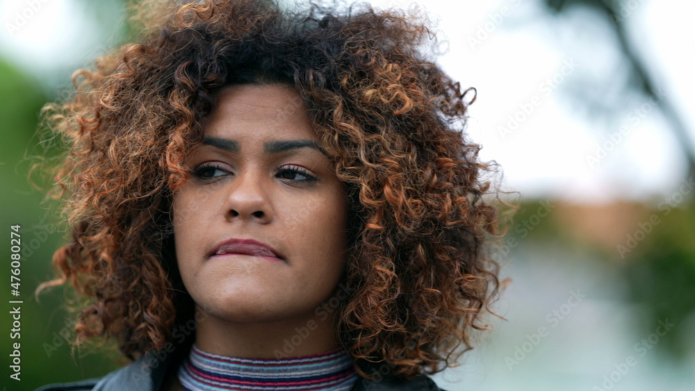 Woman thinking about decision, pensive person seeking solution to problem, brazilian girl Woman thinking about decision, pensive person seeking solution to problem, brazilian girl