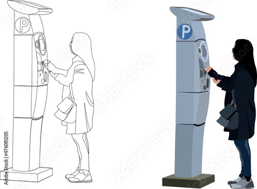 female person pays parking to the automatic machine payment
