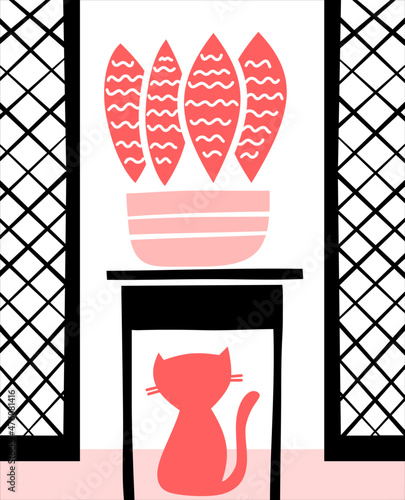 Gato espera bajo la planta