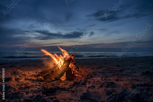 Fototapeta Campfire on the sandy beach at night. Tversted, Denmark.