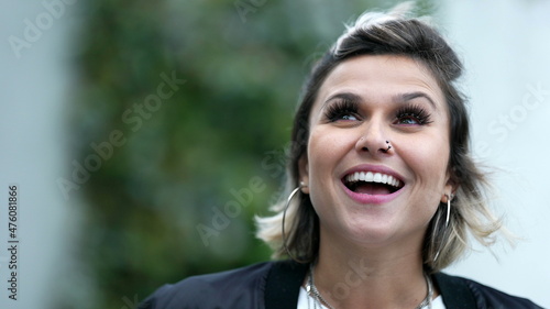 Overjoyed woman reacting to good news close-up face. Joyful happy expression