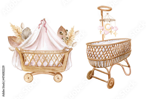 bassinet, crib for newborns, cradle. Boho. Watercolor illustration. Childhood. Motherhood. Baby shower.