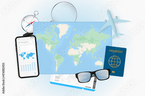 World map with various tourist equipment on an abstract relief background.