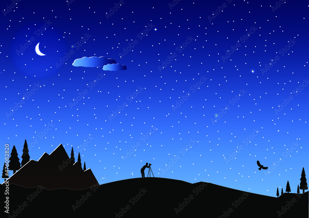 Naklejka premium Moon stars and cloud with photographer. owl tree and mountain