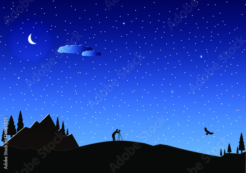 Moon stars and cloud with photographer. owl tree and mountain