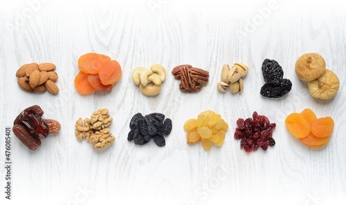 Mix of dried fruits and nuts - symbols of judaic holiday Tu Bishvat. Nutrition of tourists . dried fruit.